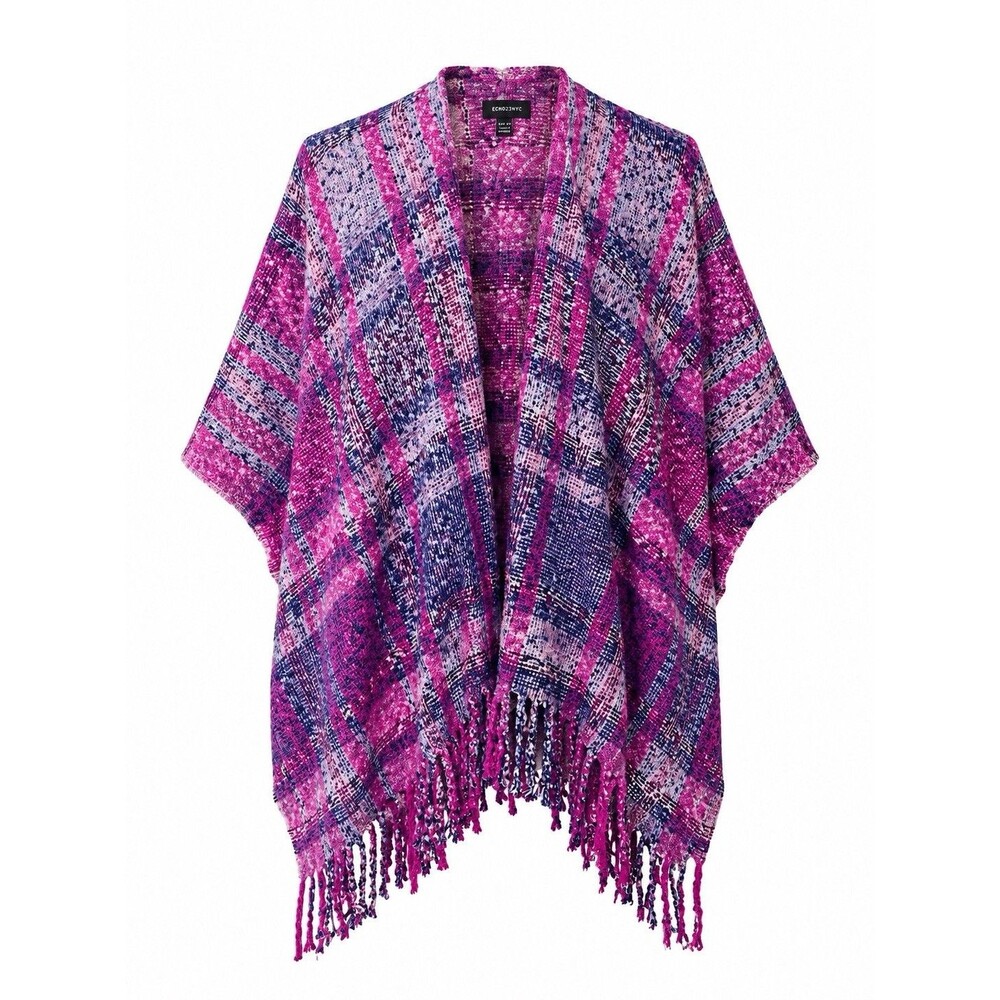 ECHO23NYC Women’s Plaid Poncho Cape One Size Pink Purple Fringe Boho Wrap NWT